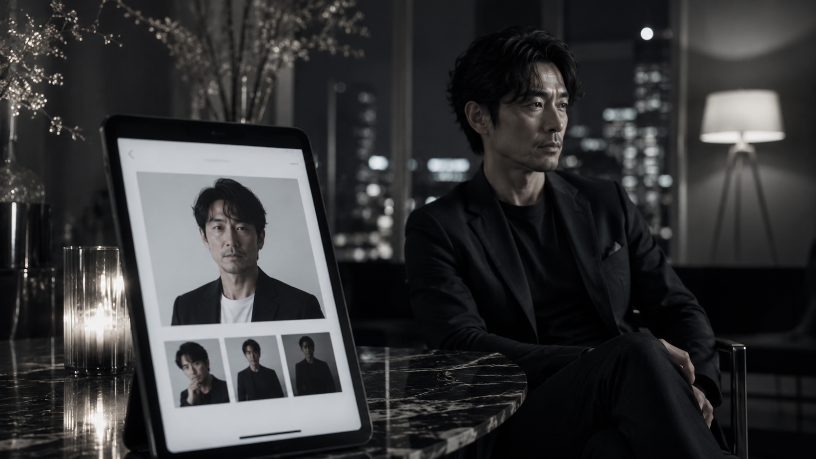 マッチングアプリのプロフィール写真を選ぶ40代男性