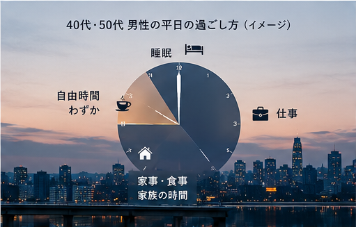 40代・50代男性の平日の仕事・家事・自由時間の配分を示すイメージ図