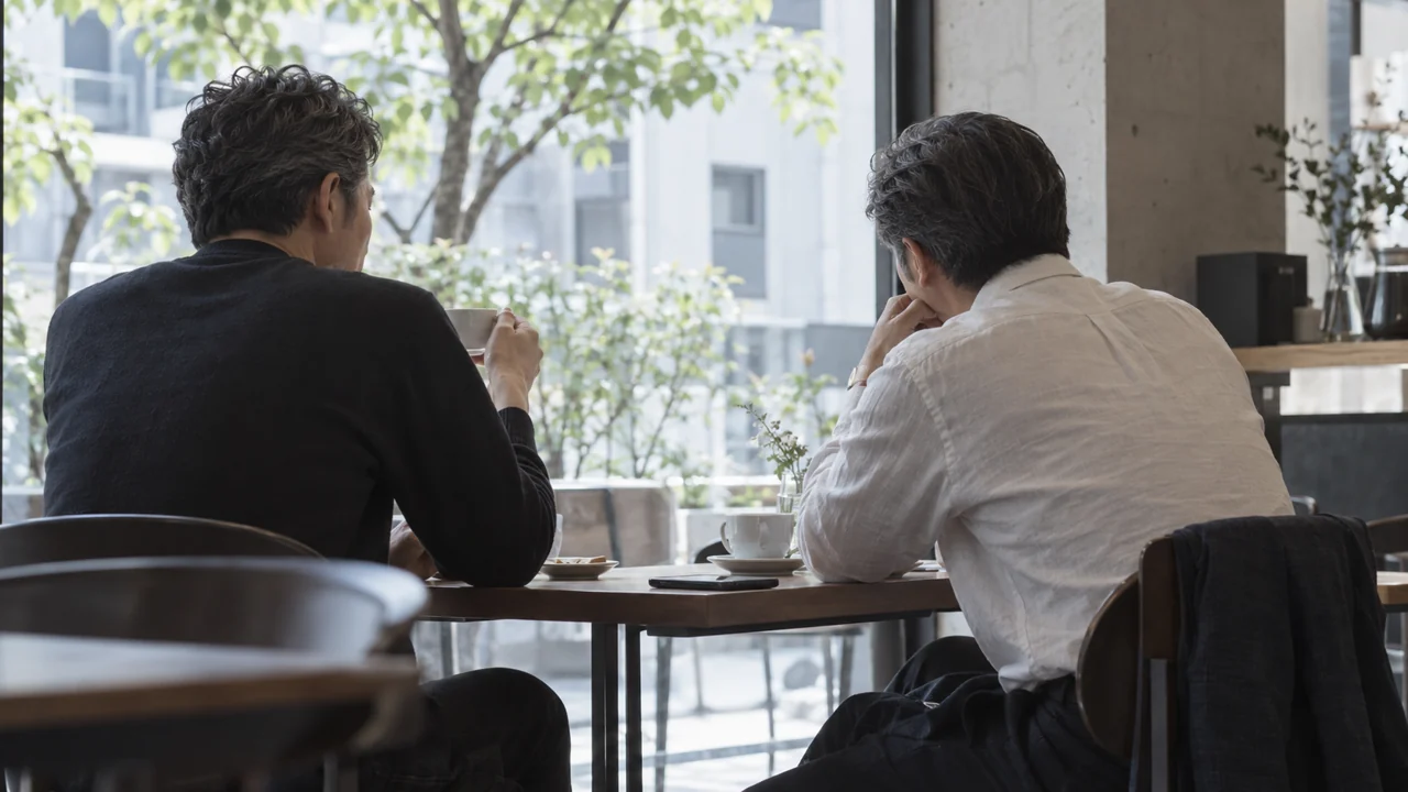 カフェで久しぶりに話す二人の男性の後ろ姿